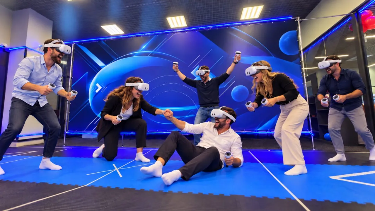 Иллюстрация: коллеги смеются и играют в VR на синем покрытии арены